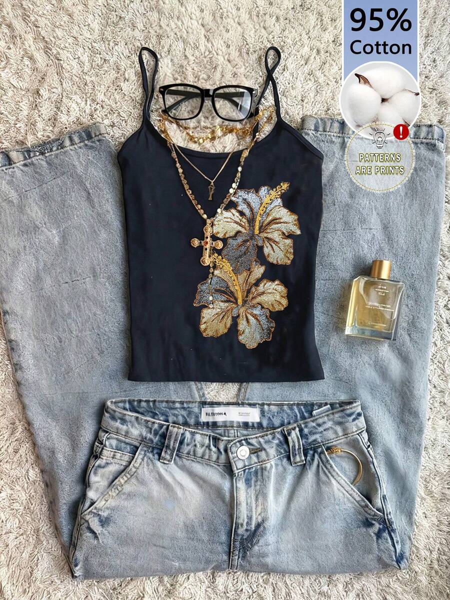 Divinelle Áo tank top kiểu dáng tối giản, chất liệu 95% cotton, họa tiết thêu giả, thích hợp cho mùa hè. - màu đen - Xem 1