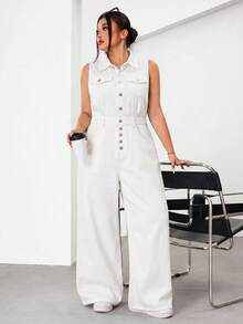 SHEIN EZwear 大码女式纽扣前开襟休闲口袋无袖阔腿牛仔连体裤 - 白色 - 查看 3