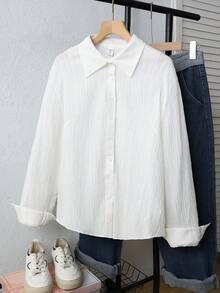 SHEIN Teen Girl Casual Daily Versatile Comfortable Loose Solid Color Collared White Shirt Fall/Winter - White - View 6