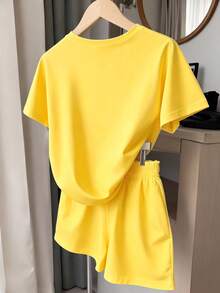 2pcs/Set Teenage Girls Summer Fruit Print Round Neck Short Sleeve T-Shirt+Shorts,Streetwear Holiday Soft Yellow Fashionable Casual Sweet Resort Suit - Yellow - View 2
