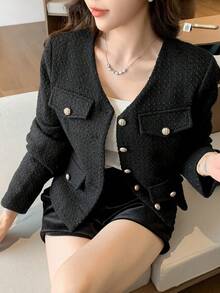 DAZY Women's Solid Color Button Decorated Overcoats,Fall Clothes Women Jacket Vest - Black - View 3