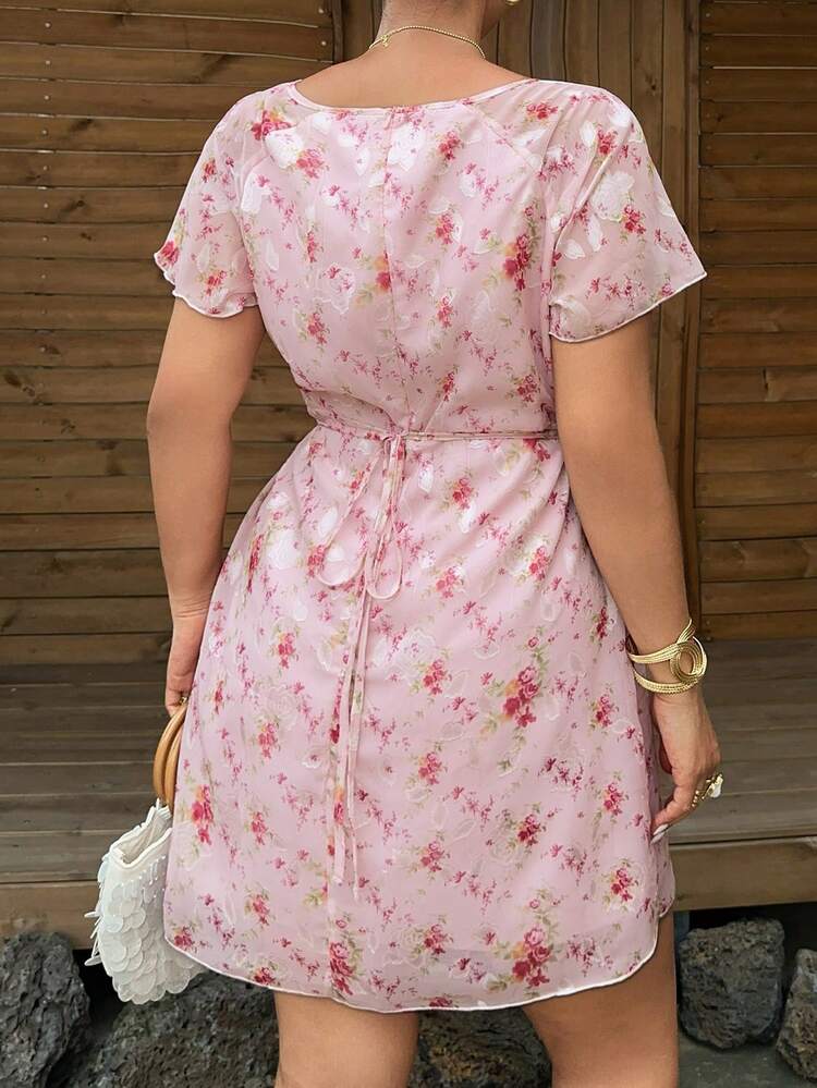 Dazy Plus Plus Size Women's Elegant Ditsy Floral Patchwork Ruffle Trim Tie Neck Short Dress, Spring/Summer