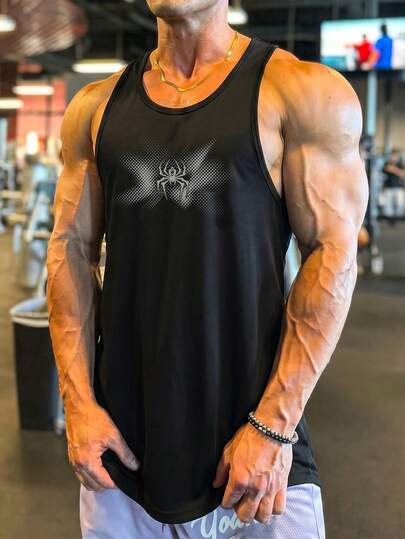 GymBeat 男士蜘蛛印花休闲健身运动背心，150克透气面料
