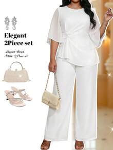 Fleurora Plus Size Women Fashion Solid Color Asymmetrical Hem Shirt & Pants 2 Pieces Set Summer Spring Summer Outfits For Women Spring Outfit Summer Elegant - White - View 1