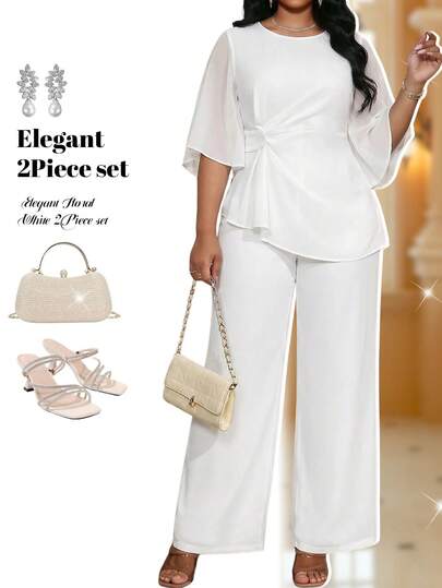 Fleurora Bộ đồ nữ cỡ lớn thời trang màu trơn, vạt áo bất đối xứng, gồm áo và quần.