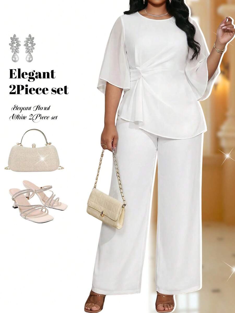 Fleurora Plus Size Women Fashion Solid Color Asymmetrical Hem Shirt & Pants 2 Pieces Set Summer Spring Summer Outfits For Women Spring Outfit Summer Elegant - White - View 1