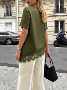Pariaura Women's New Lace Patchwork Round Neck Short Sleeve Asymmetrical Hem Blouse - Green - View 2