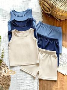 SHEIN Vintaside Kids 6件組男嬰夏季套裝，黑色、白色、條紋背心與短褲，舒適休閒百搭服飾 - 彩色 - 查看 3