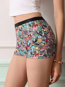 Chillnights THE POWERPUFF GIRLS X SHEIN Celana Pendek Boxer Wanita dengan Desain Cetak Warna Kontras Kartun - MultiWarna - View 3