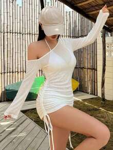 DAZY 女款夏季不對稱單肩抓皺綁帶沙灘罩衫，性感透視泳裝披肩長袖 - 杏色 - 查看 3