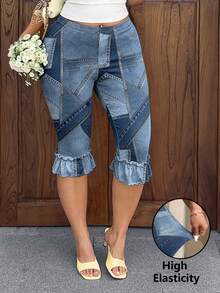 Muchica Quần legging mùa hè dáng ôm, phối màu tương phản, viền bèo nhún, cỡ lớn. - Nhiều màu - Xem 6