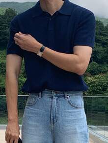 DAZY 男士半拉链纯色海军蓝针织毛衣，夏季 - 藏蓝色 - 查看 6