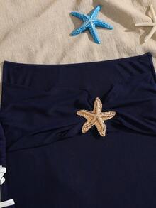 SHEIN 少女白色碎花褶皱腰身三件套泳衣带裙，休闲沙滩度假泳装三件套，春夏款 - 玫紅色 - 查看 4