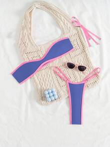 Swim SXY 2 件套女士性感撞色装饰吊带可拆卸肩带丁字裤细肩带比基尼泳装套装 - 彩色 - 查看 3
