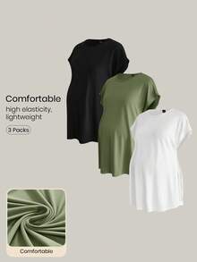 Modmama Camiseta de maternidad de unicolor, minimalista, de uso diario, con cuello redondo y manga corta - Verde militar - Ver 1