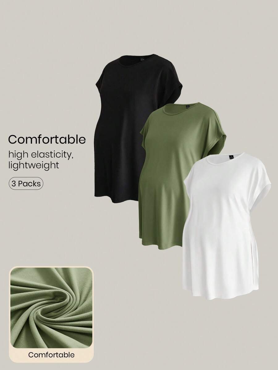 Modmama Camiseta de maternidad de unicolor, minimalista, de uso diario, con cuello redondo y manga corta - Verde militar - Ver 1