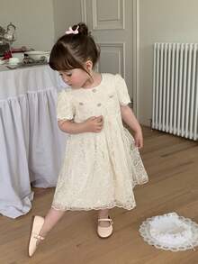Dazy Kids Đầm ren tay phồng kiểu Hàn Quốc cho bé gái - Màu be - Xem 5