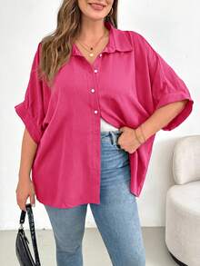 Shapeblank Kemeja Kancing Wanita Ukuran Besar Warna Pink Cerah, Blus Kerja Kasual Cerdas Musim Panas Sehari-hari, Atasan Guru Longgar dan Nyaman, Gaya Musim Semi Dasar yang Sederhana dan Serbaguna - Hot Pink - View 1