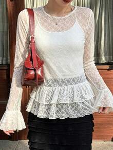 FRIFUL Blusa ajustada de cuello redondo con encaje completo y puños con volantes multicapa empalmados para mujer - Albaricoque - Ver 4