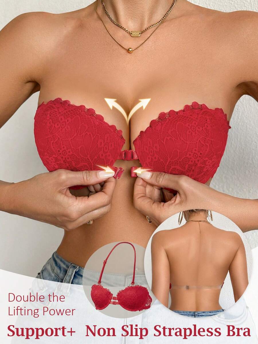 DesireSculpt 1pc Women's White Underwire Front Closure Lace Bra, Sequin Comfortable Lift Support Intimate Wedding Guest Summer - Red - View 1