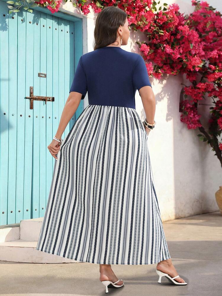 Plus Size Women Summer Casual Vacation Striped Patchwork Long Dress With Pockets,Flowy Dress,Going Out Outfits,Festa Junina,Boho Dress
