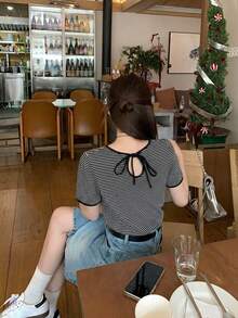 DAZY 女款圓領條紋休閒短袖T恤可愛上衣校園風 - 黑色 - 查看 7