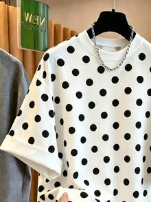 EMERY ROSE Plus Size Women's Summer Casual Vacation Style Polka Dot Print Loose Drop Shoulder Plus Size T-Shirt - White - View 3
