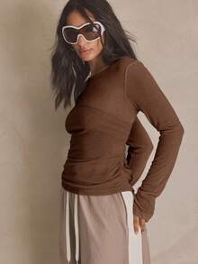 MUSERA Aysmemetric Fitted Layer Long Sleeve Top Autumn, Sporty, Casual, Day Everyday, Streetstyle, Streetwear Holiday Coffee Brown - Coffee Brown - View 4