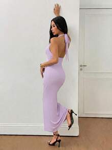 SHEIN PETITE Đầm dài nữ màu trơn, chất liệu lưới, cổ xếp ly, kiểu dáng thanh lịch, thích hợp cho kỳ nghỉ thu/đông. - Màu tím hoa cà - Xem 2