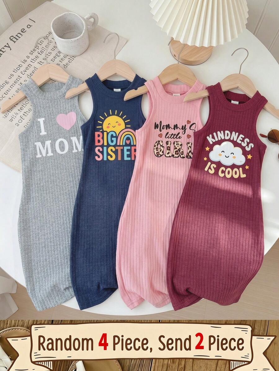 SHEIN LMoss Kids Bộ váy hai mảnh casual không tay in hình mèo dễ thương cho bé gái LMoss - Nhiều màu - Xem 1