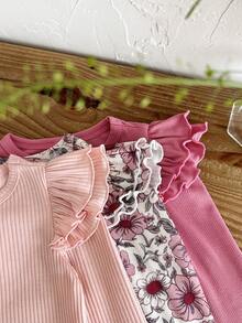 SHEIN 3pcs Baby Girl Knitted Solid & Ditsy Floral Round Neck Ruffle Trim Top Set - Multicolor - View 4