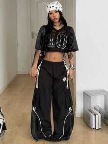 Coolane Áo thun nữ dáng rộng màu đen, chất liệu jersey, phong cách đường phố cổ điển Boho Chic, họa tiết ren và số, phối nhiều mảnh. - màu đen - Xem 2