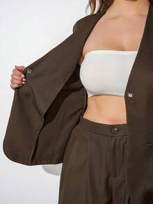 Maija Plus Size V-Neck Lapel Collar Wrap Tie Waist Loose Pocket Wide Leg Pants Suit, Modern Resort Casual Low-Key Autumn Outfit Halloween - Brown - View 10