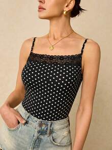 Poéselle Women's Polka Dot Print Lace Patchwork Fitted Camisole - Black - View 3