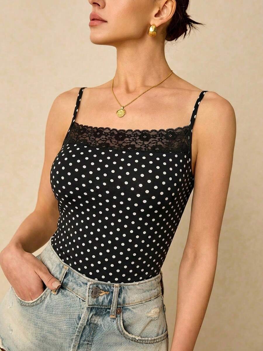 Poéselle 女士波点印花蕾丝拼接修身吊带背心