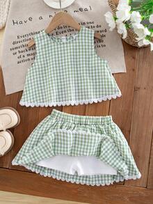 Emery Rose Kids Young Girl Plaid Print Round Neck Tank Top And Mini Skirt Cute Fashion Set, Outdoor Casual Daily Elegant Holiday Wear - Green - View 3