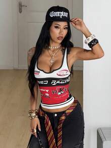 Coolane 女款性感時尚街頭字母印花對比色修身短版背心上衣，夏季 - 彩色 - 查看 4