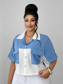 Maweii Summer Blue And White Plus Size Women Shirt,Smart Casual Office Elegant Loose Splice Niche Design Minimalist Vacation Fashionable Essential Blouse - Blue and White - View 4
