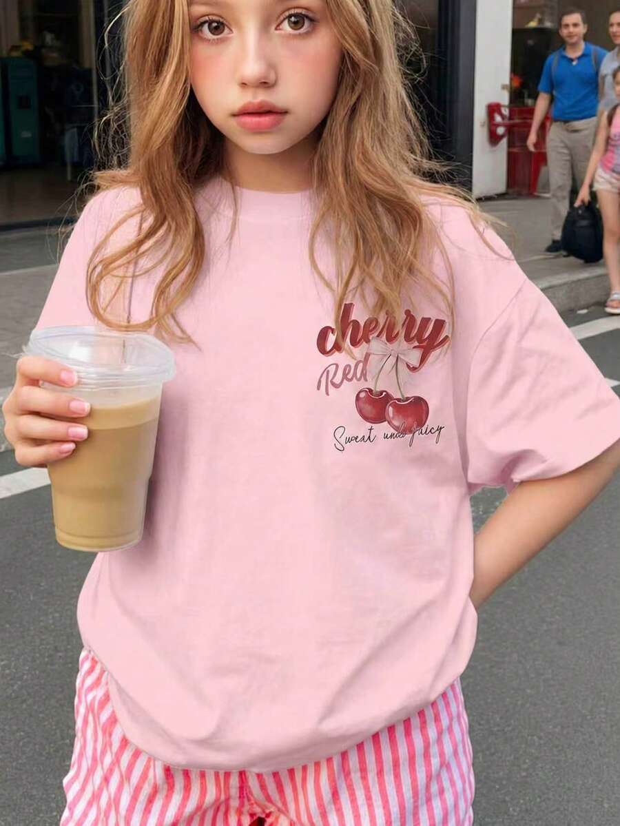 少女休闲简约短袖圆领T恤,适合夏季穿着 - 彩色 - 查看 1