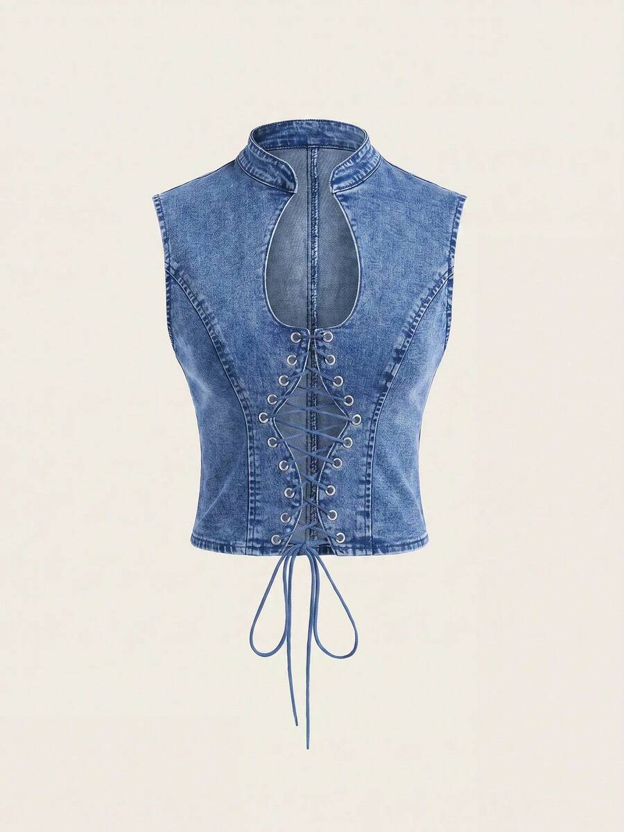 SHEIN ICON 女士性感破洞牛仔系带露脐上衣 - 中等水洗藍 - 查看 1