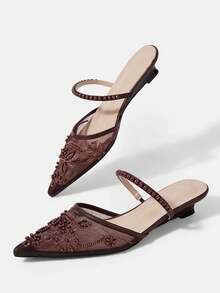 CUCCOO HITCHD Women Shoes Spring And Summer New Elegant Pointed Toe Low Vamp Bevel Heel Low Heel Brown Mesh Breathable Shoes Commuter Dating Versatile - Brown H - View 7
