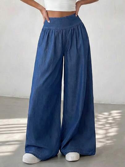 SHEIN Glamour Women's High Waist Pleated Casual Versatile Daily Wear Wide Leg Jeans
