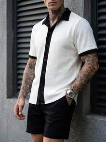 Manfinity CasualCool Bộ áo sơ mi nam tay ngắn, phối màu tương phản, thiết kế tối giản, phong cách thường ngày, cài cúc phía trước. - Đen và trắng - Xem 6