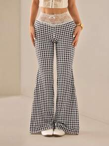 SHEIN PETITE Women's Lace Patchwork Plaid Casual Versatile Daily Wear Pants - Black and White - View 4