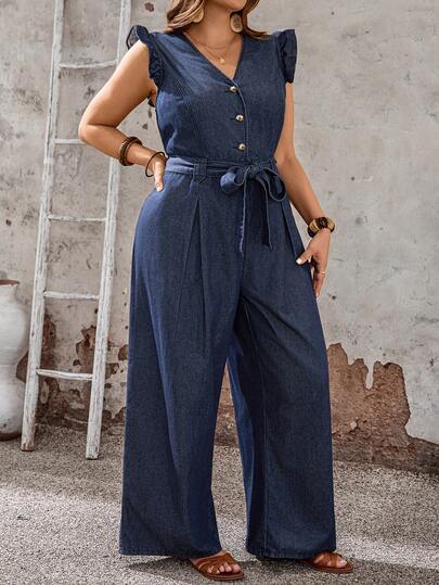Modelyn CURVE Plus Size Women's V-Neck Ruffle Armhole Belted Wide Leg Jumpsuit, Casual Vacation Daily Commute Minimalist Solid Color, Spring/Summer