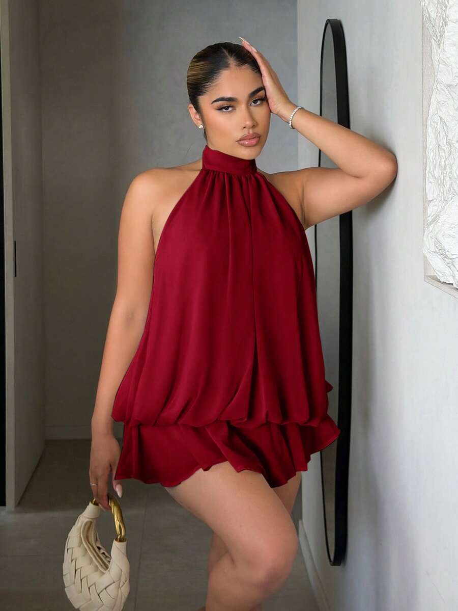 Maria Perezxox 女款優雅淺黃色掛脖綁帶迷你洋裝,派對洋裝,女款優雅洋裝,女款派對洋裝 - 酒紅色 - 查看 1