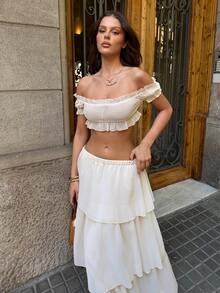 MainGRL Bộ đồ 2 mảnh dành cho nữ màu mơ, kiểu dáng nghỉ dưỡng, gồm áo croptop trễ vai xếp ly và chân váy xòe cạp thấp. - Màu be - Xem 6