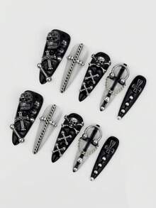 ROMWE 10 Pieces Of Gothic Diablo False Nails-Wearing Skull Cross Chain Rivet Fake False Nails Pieces And A Piece Of Double-Sided Tape - Black - View 3