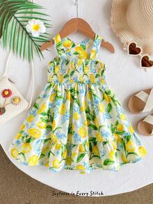 Cozy Pixies Đầm thời trang hè cho bé gái, kiểu dáng thường ngày dễ thương với họa tiết chanh và cây xanh, viền bèo nhún. - Nhiều màu - Xem 2