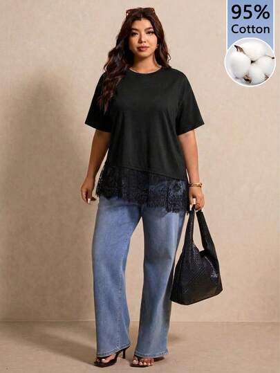 Elaquor Camiseta Plus Size Lisa de Manga Curta com Gola Redonda e Detalhes em Renda, Conjunto Casual de Verão Feminino Plus Size, Nova Camiseta Preta, Ideal para Mulheres Plus Size